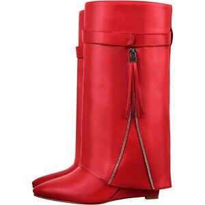 Women's Red Synthetic Knee High Fold over Wedge Heel Long Shark Pull on Boots